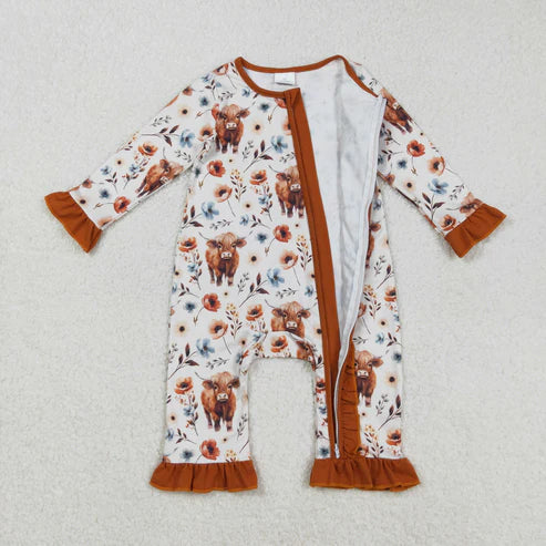 9.17 LR1624 Baby Infant Girls Western Highland Cow Flowers Zip Romper