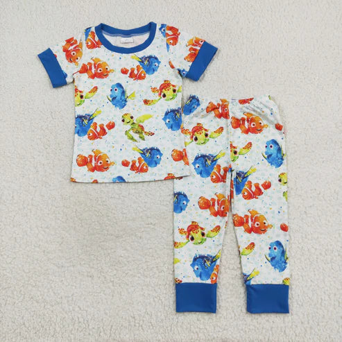 9.15 BSPO0419 Boy Cartoon Turtle Little Fish Blue Short Sleeve Long Pants Pajama Set