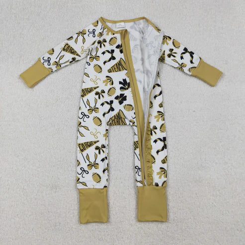 9.16 LR2515 Baby Girls Green Bows Footballs Plaid Ruffle Zipper Team Romper
