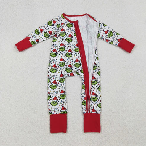 9.24 LR2574 Baby Boys Christmas Lights Green Face Plaid Zipper Footie Romper