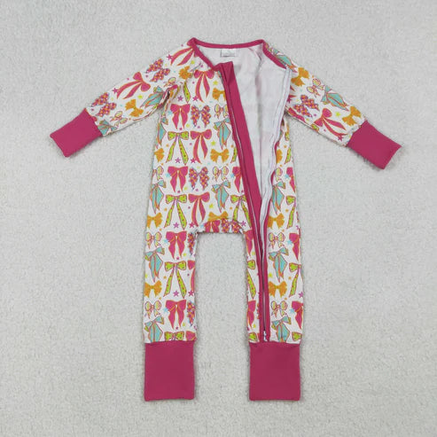 9.16 LR2468 Baby Girls Long Sleeves Colorful Bows Stars Zipper Pant Romper