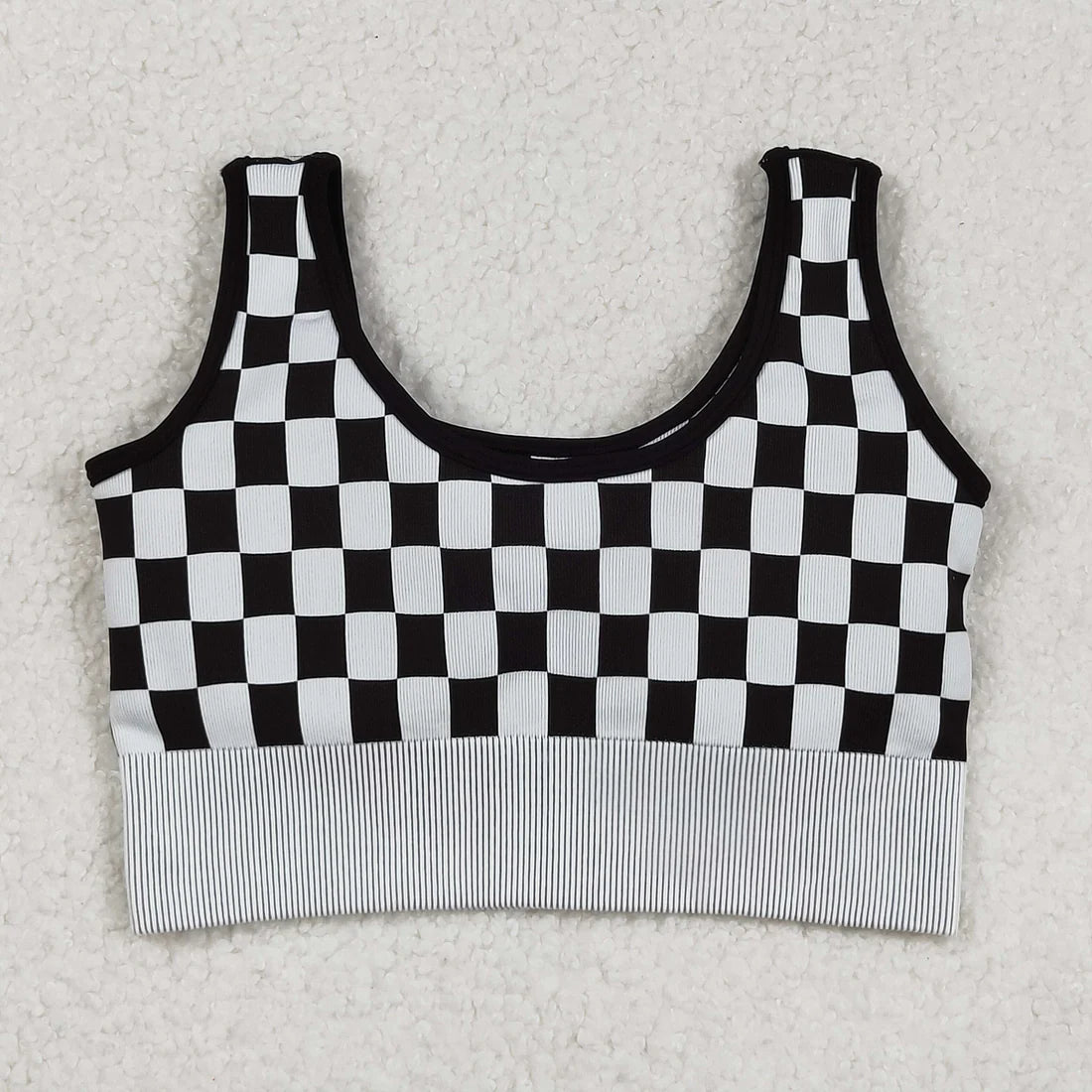 9.13 GT1189 Adult Women Black Checkered Knitted Yoga Crop Bra Tops