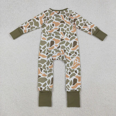 9.24 LR2578 Baby Boys Green Yellow Camo Western Zipper Footie Romper