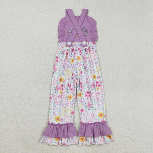 9.17 SR3177 Embroidery Baby Girls Lavender Strap Ghost Pumpkins Floral Ruffle Pant Jumpsuit