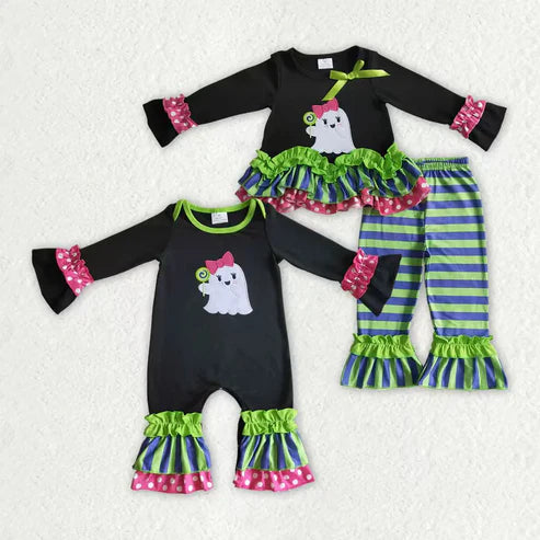 9.20 Sibling Baby Girls Green Stripe Embroidery Ghost Tunic Ruffle Pants Halloween Clothes Sets Rompers