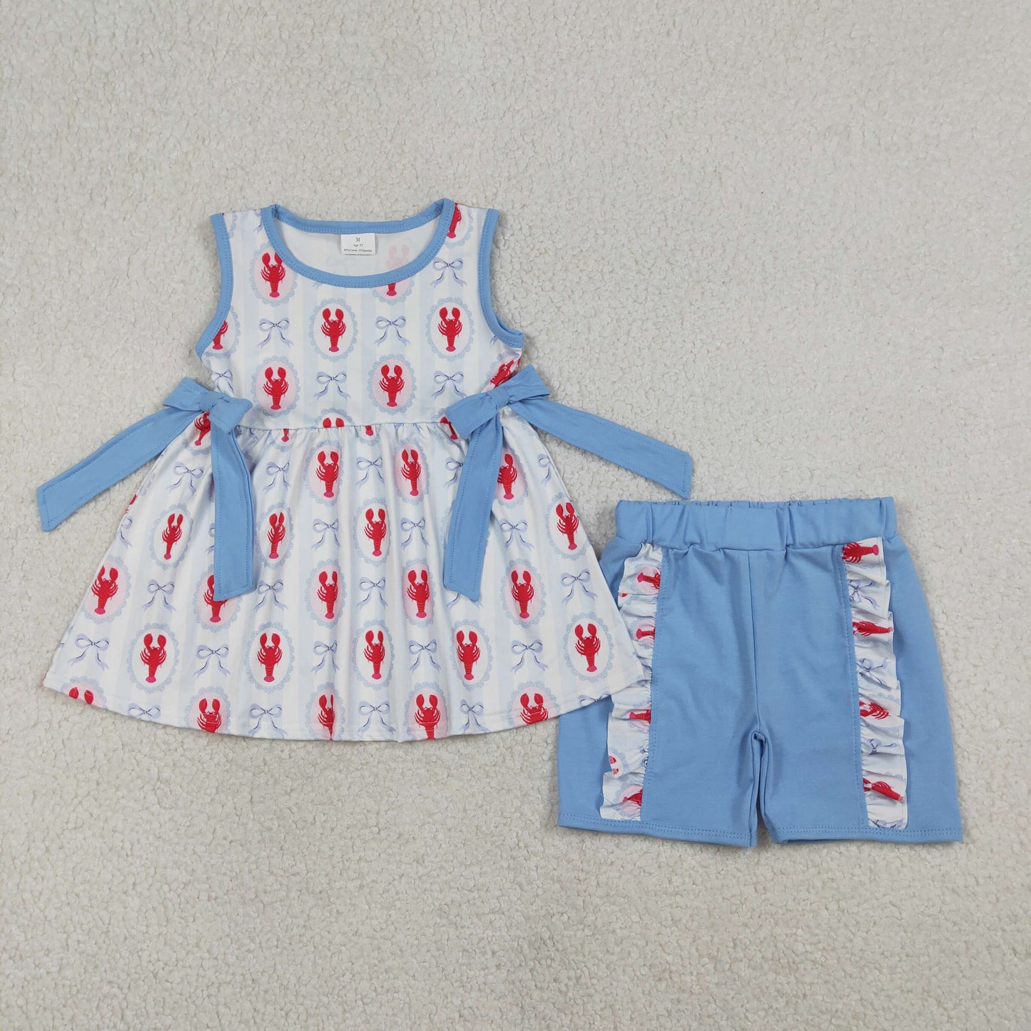 RTS NO MOQ(In Stock) GSSO3051 Blue striped sleeveless lace shorts with lobster pattern and bow pattern