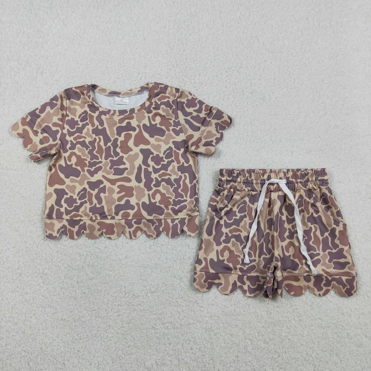 GSSO3227 Kids Baby Girls Southern Khaki Camo Top Shorts Scallop Clothes Sets