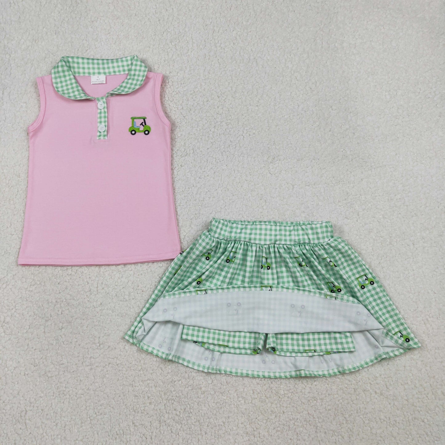 RTS NO MOQ(In Stock) GSD3120 Embroidered Golf Cart Buttoned Green Plaid Neckline Pink Sleeveless Skirt Set