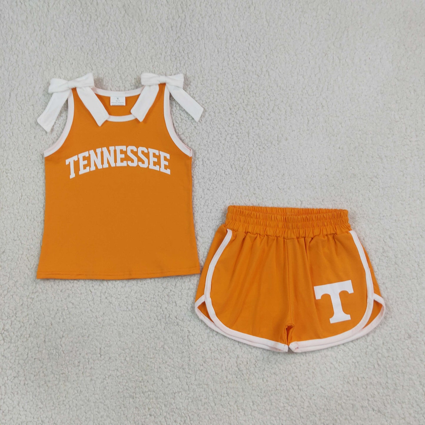 GSSO3829 Kids Clothing Baby Girls Orange White Bows Vinyl Tennessee Top Short Team Clothes Sets