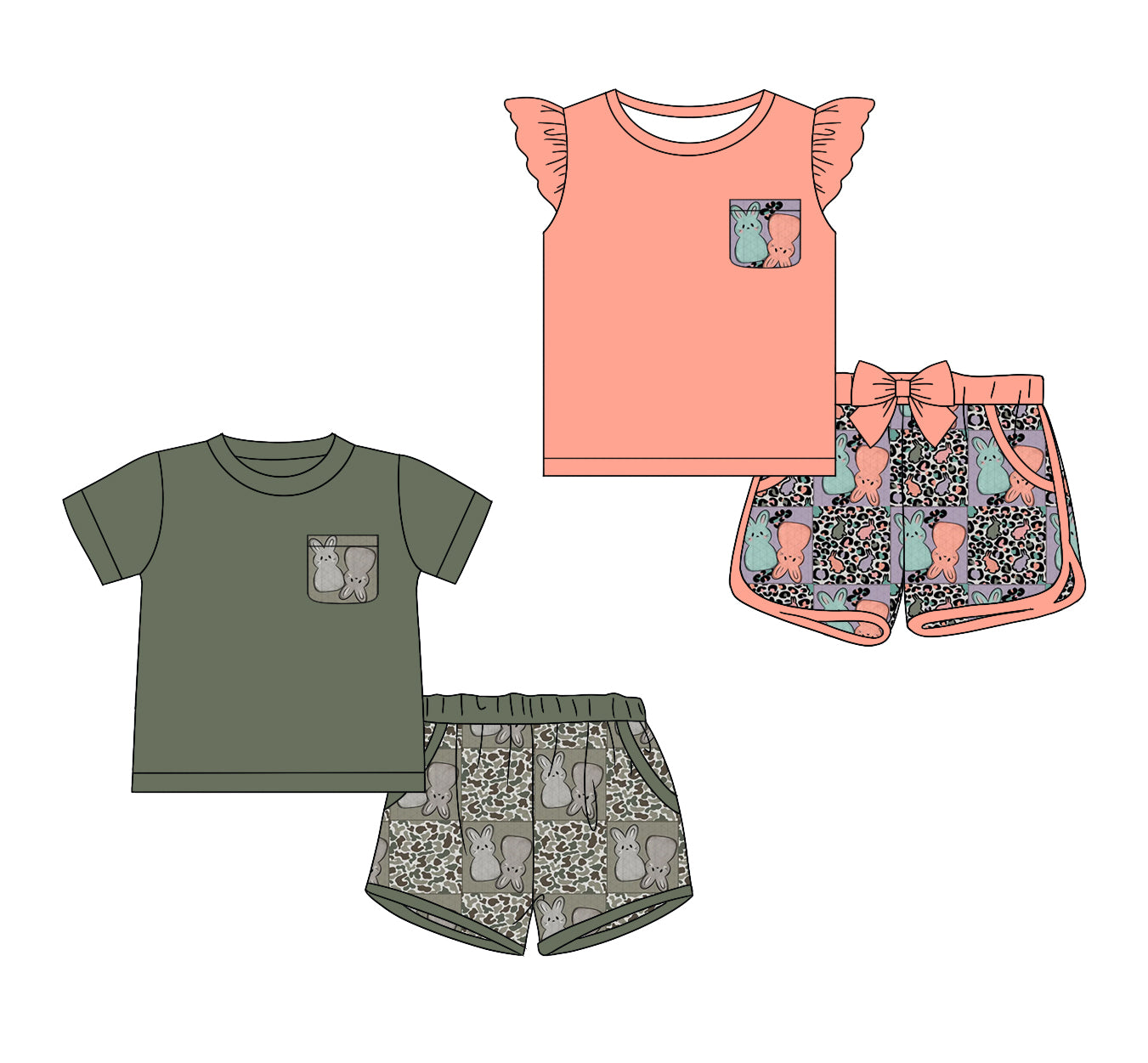26.1.5 Custom MOQ:3 or 5 pcs each design milk silk Sibling baby boy girl clothes easter short sleeve shorts sets 2