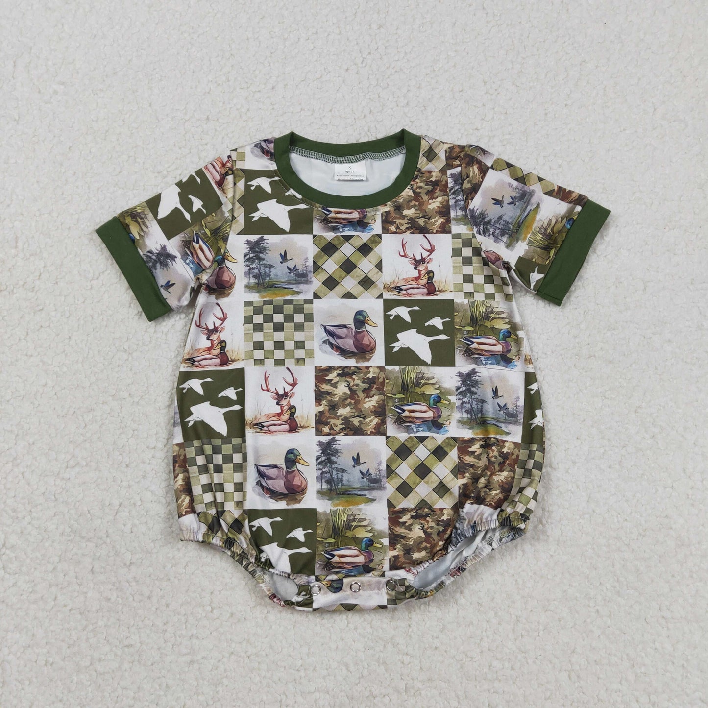 SR3837 Newborn Baby Boy Short Sleeve Deer Ducks Checked Hunting Rompers
