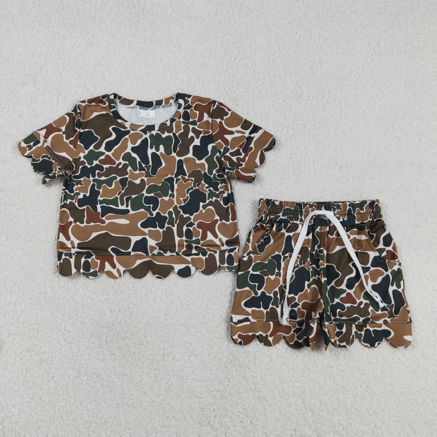 GSSO3228 Kids Baby Girl Southern Dark Brown Camo Top Scallop Shorts Clothes Sets