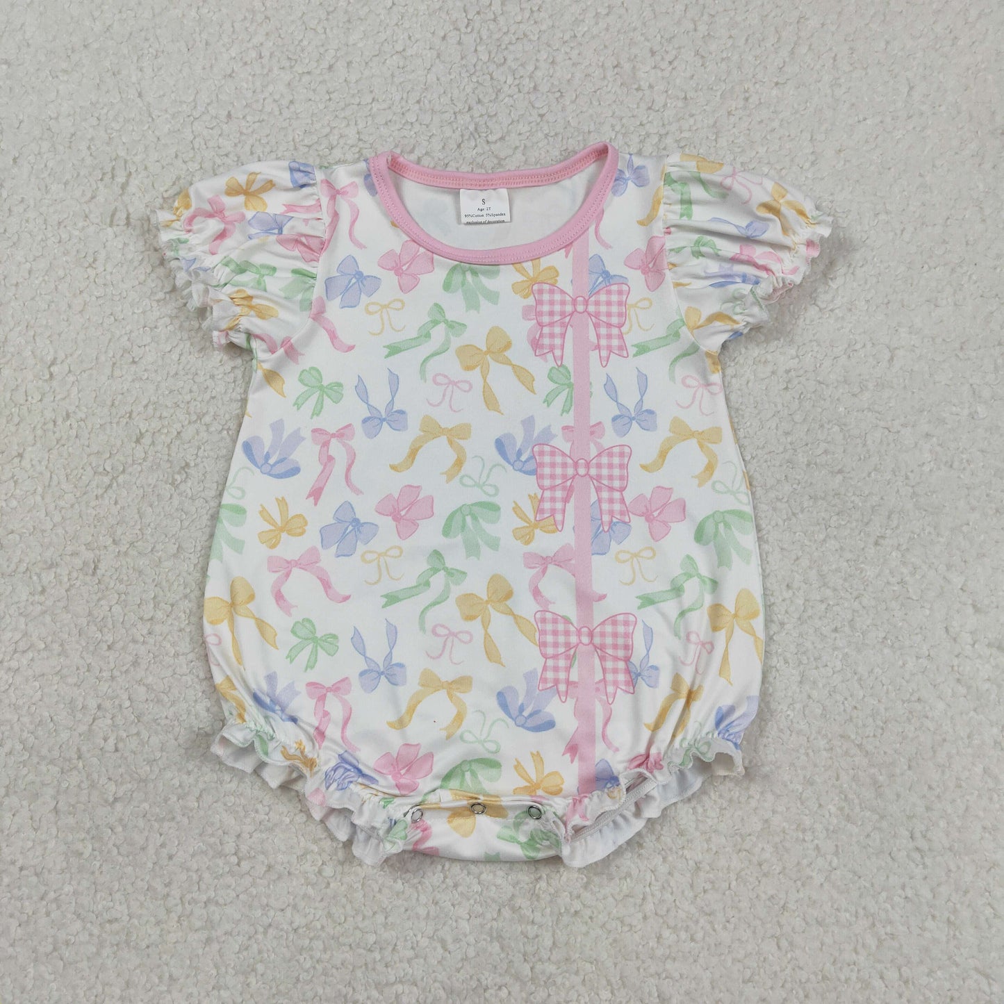 SR3672 Baby Girl Short Sleeve Colorful Bows Button Ruffle Rompers