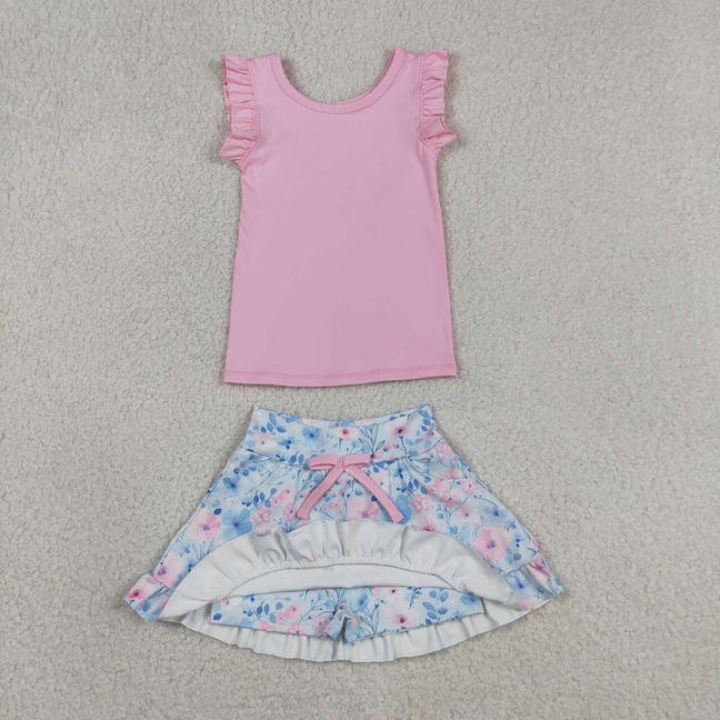GSD3773 Kids Baby Girls Pink Vest Colorful Floral Pockets Skirt Short Yoga Active Clothes Set