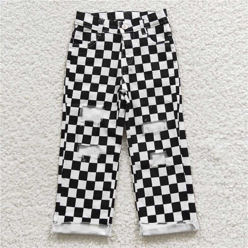 P0122 Black and white checked ripped denim jeans pants