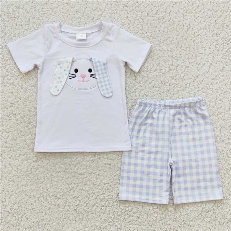 3.28 BSSO0090 Boys embroidered rabbit white short-sleeved blue plaid shorts suit
