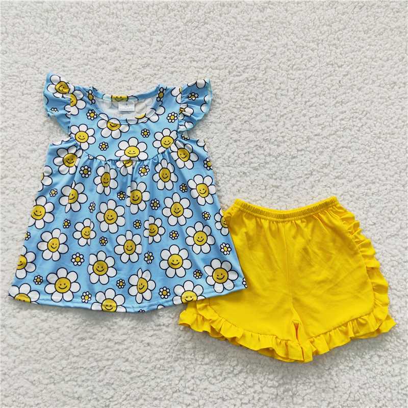 GSSO0318 Kids Baby Girls Flowers Tunic Summer Shorts Sets