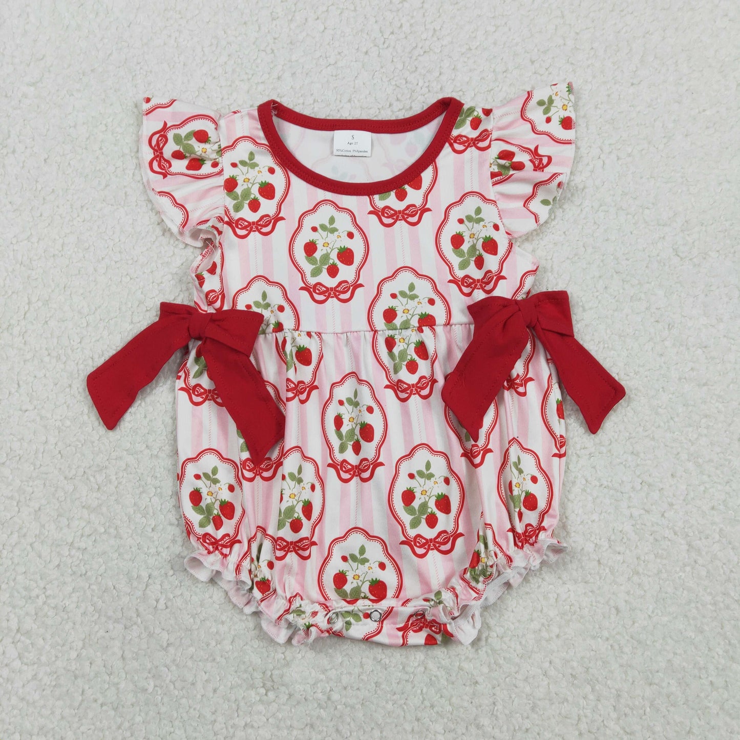RTS NO MOQ(In Stock) SR3890 Strawberry Bow Pattern Pink Striped Vest Jumpsuit