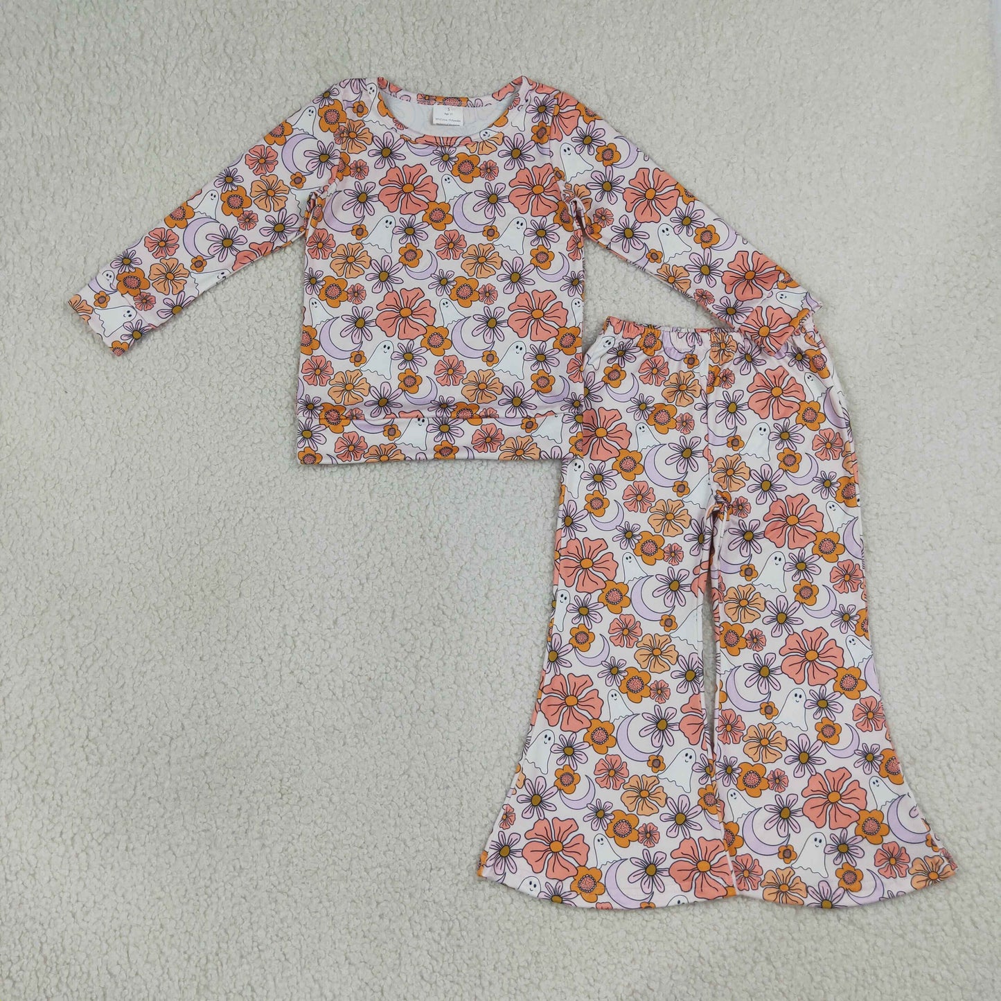 GLP3404 Kids Baby Girls Ghost Flowers Shirt Top Flare Pant Halloween Clothes Sets
