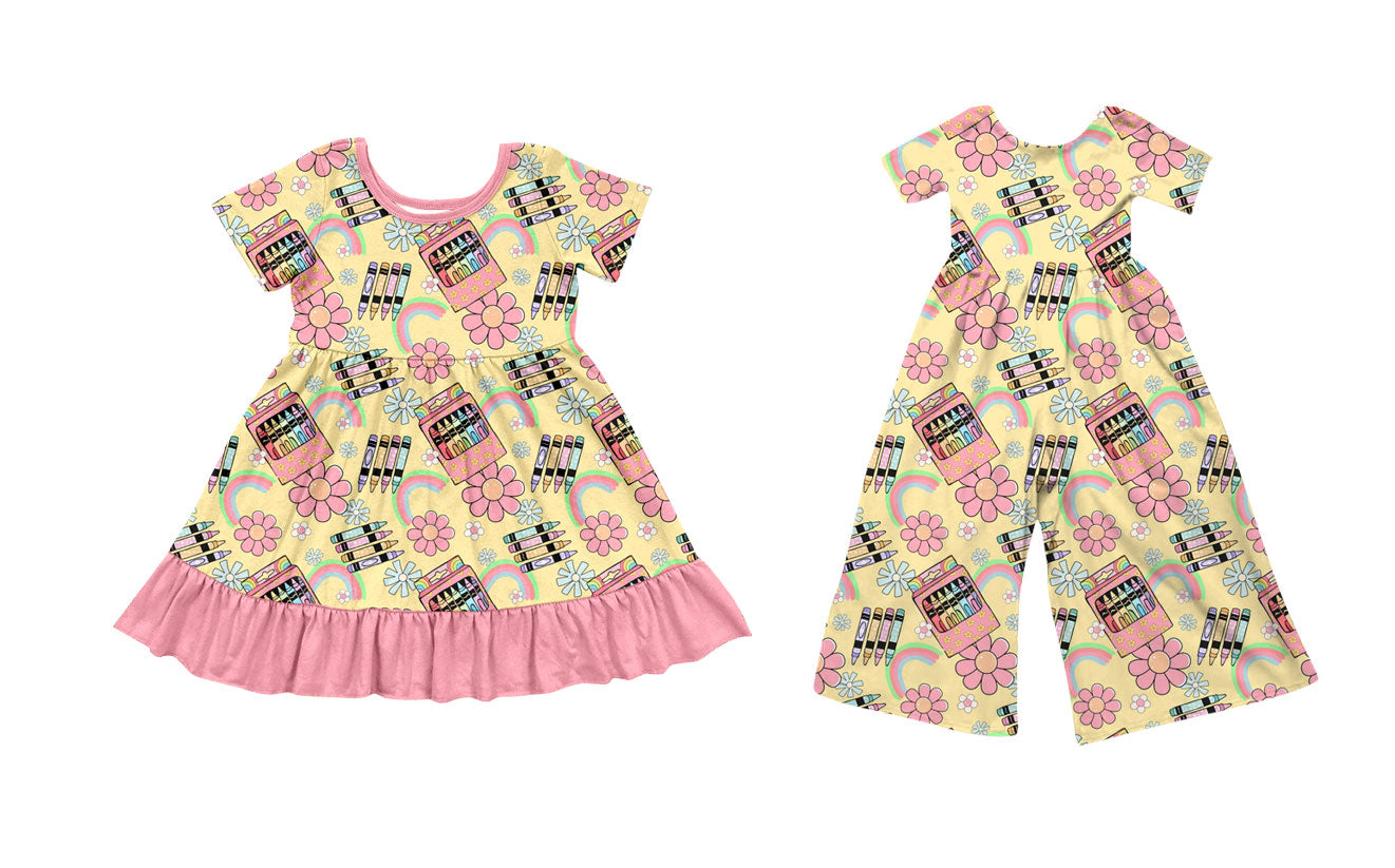 26.1.15 Custom MOQ:3 or 5 pcs each design milk silk Sibling baby girl clothes pencil floral short sleeve jumpsuit and dress