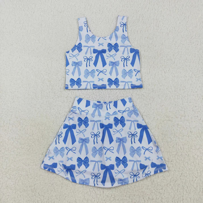 9.4 Sibling Baby Girls Sleeveless Blue Pink Bows Vest Top Yoga Athletic Skorts Sets