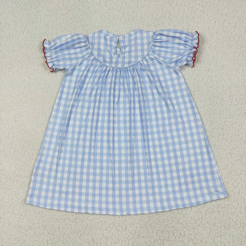 6.26 Sibling Baby Girls Blue Plaid Cows Pigs Farm Smocked Rompers Dresses