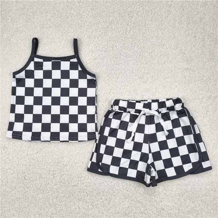 6.16 Sibling 4 Colors Baby Girls Strap Plaid Top Short Sports Sets