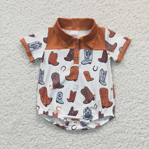 4.19 Sibling Baby Boys Western Buttons Short Sleeve Rompers