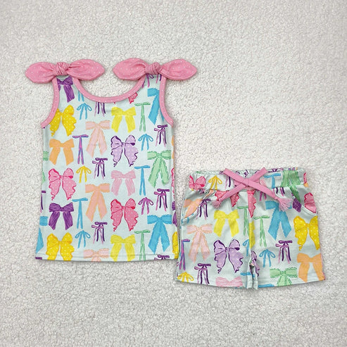 5.3 8 Colors Sibling Baby Girls Summer Bows Top Shorts Outfits