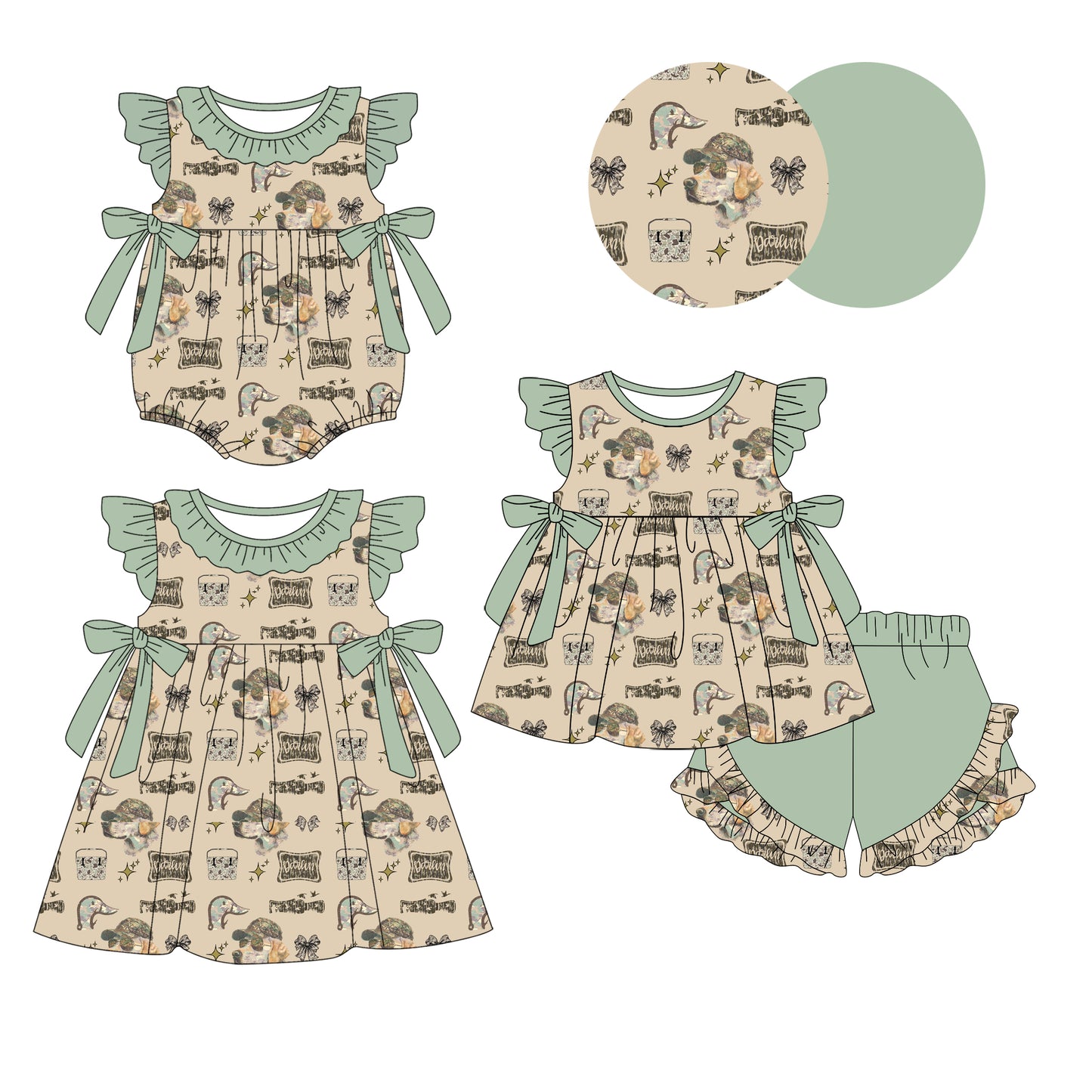 26.1.6 Custom MOQ:3 or 5 pcs each design milk silk Sibling baby girl clothes puppy bow short sleeve shorts sets and dress and romper