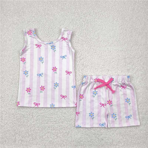 5.3 Sibling Baby Girls Sleeveless Bows Dogs Flowers Top Short With Belt Sets