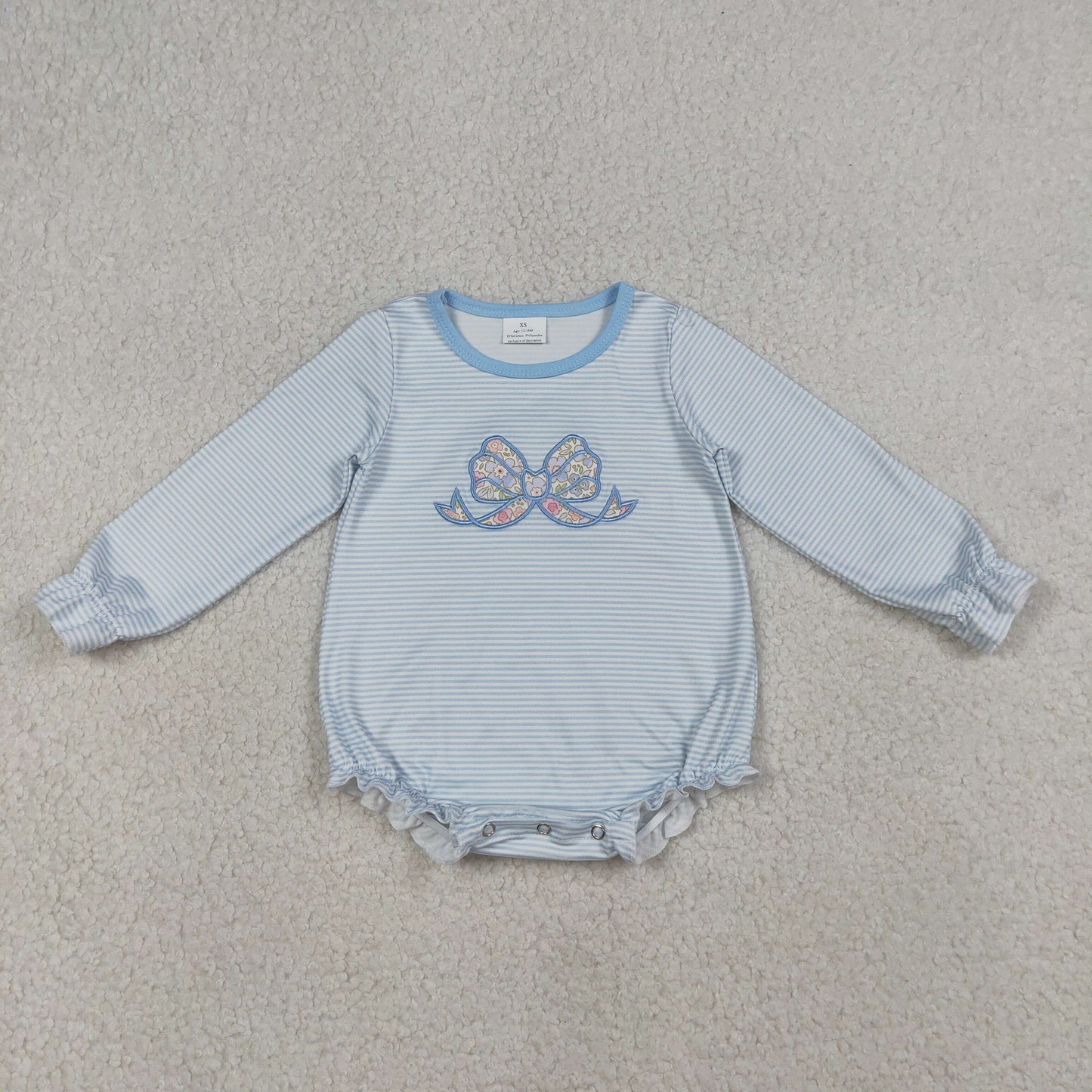 LR2917 Newborn Embroidery Floral Bow Top Baby Girl Blue Stripe Ruffle Rompers