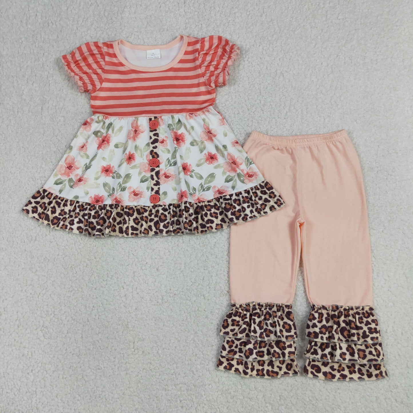 GSSO1044 Kids Baby Girls Leopard Flowers Button Tunic Ruffle Pants Clothes Sets
