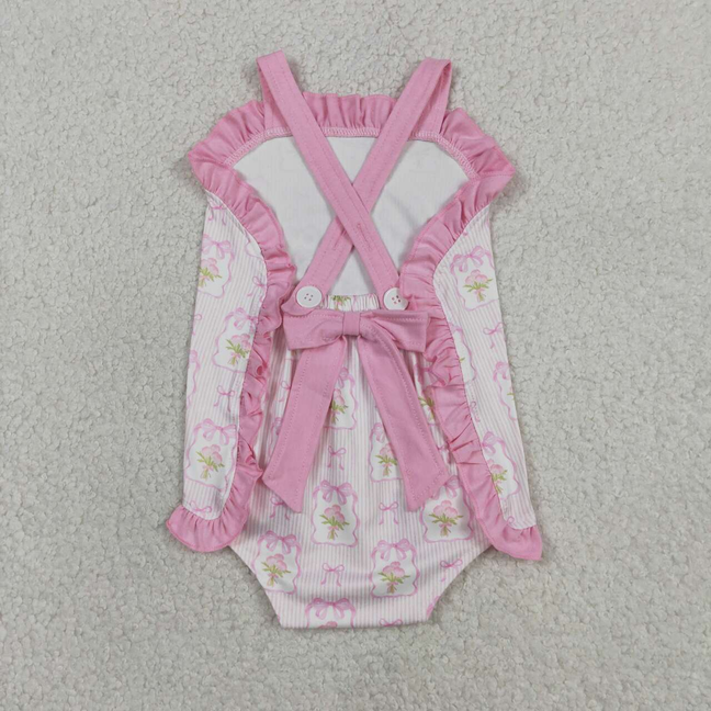 SR4112 Newborn Baby Girls Pink Strap Flowers Back Bows Ruffle Rompers Preorder
