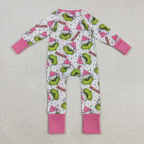 9.17 LR2495 Baby Girls Long Sleeves Green Faces Stars Plaid Ruffle Zipper Romper
