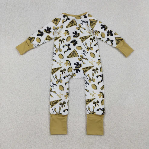 9.16 LR2515 Baby Girls Green Bows Footballs Plaid Ruffle Zipper Team Romper