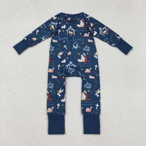 9.16LR2504 Baby Boys Hot Blue Nativity Christmas Zipper Footie Romper