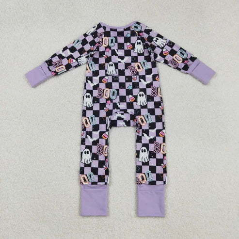 9.16 LR2541 Baby Girls Black Plaid Ghosts Candy Halloween Zipper Footie Romper