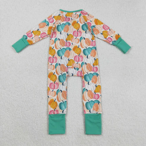 9.17 LR2552 Baby Girls Colorful Pumpkins Plaid Fall Zipper Footie Romper