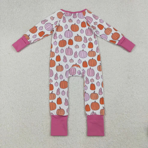 9.24 LR2566 Baby Girls Colorful Pumpkins Plaid Fall Ruffle Zipper Footie Romper