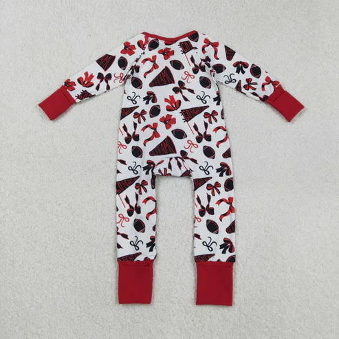 9.17 LR2512 Baby Girls Red Bows Footballs Plaid Ruffle Zipper Team Romper