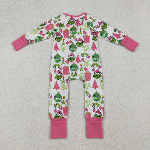 9.24 LR2588 Baby Girls Green Face Gifts Christmas Zipper Footie Romper