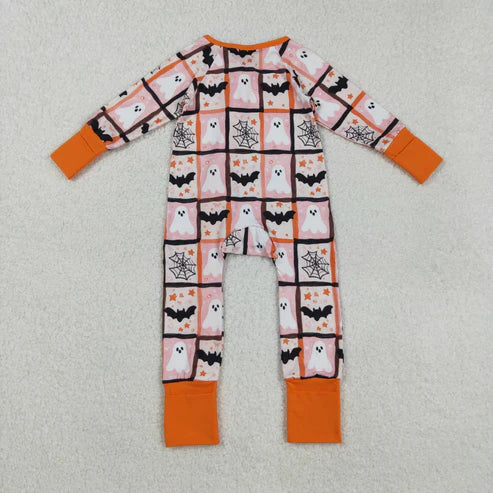 9.17 LR2539 Baby Boys Ghosts Bats Plaid Halloween Zipper Footie Romper