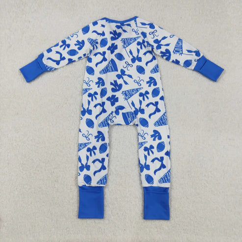 9.16 LR2511 Baby Girls Blue Bows Footballs Plaid Ruffle Zipper Team Romper
