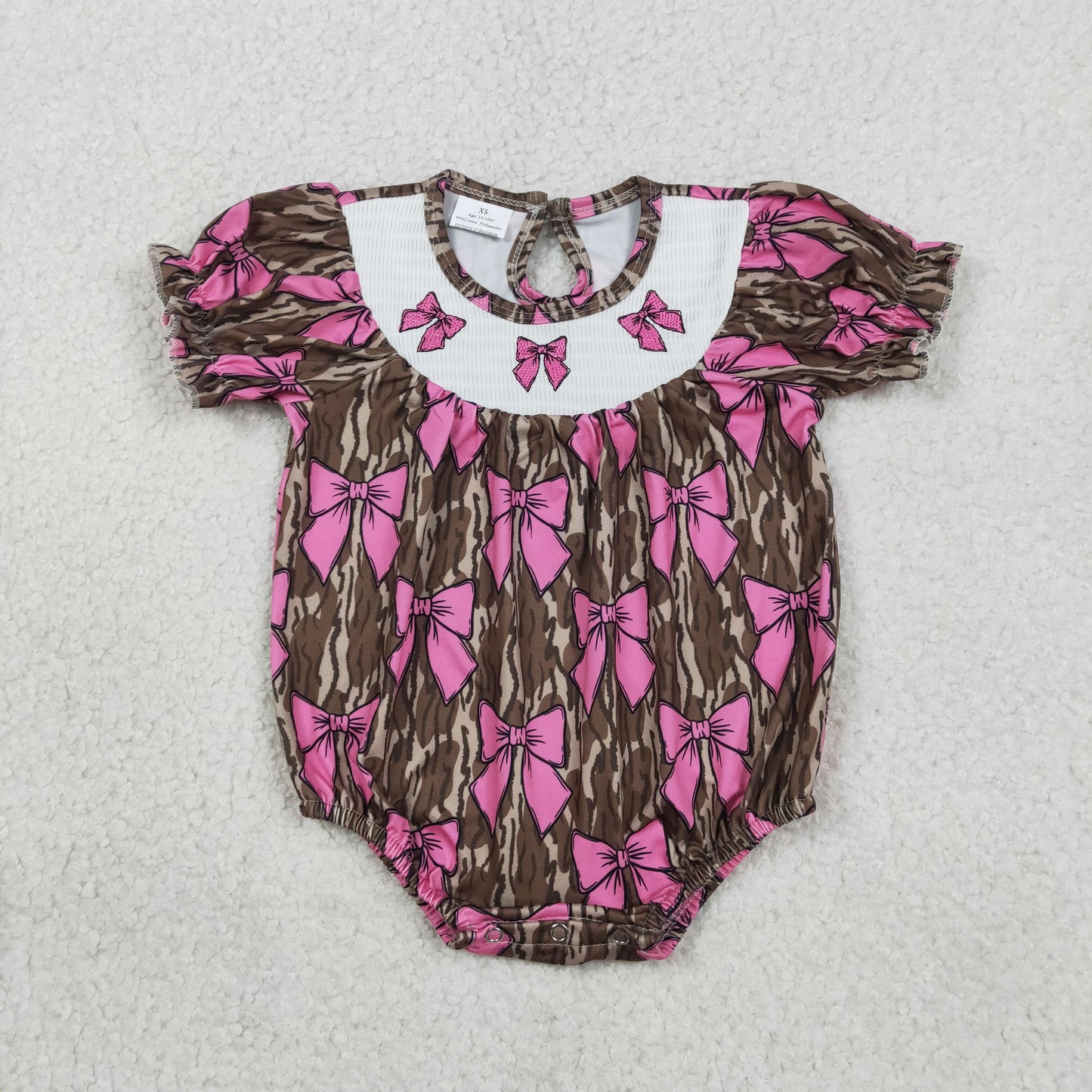 RTS NO MOQ(In Stock) SR3827 Embroidered smocked Rose Red Bow Pattern Military Green Camouflage Short-Sleeve Bodysuit
