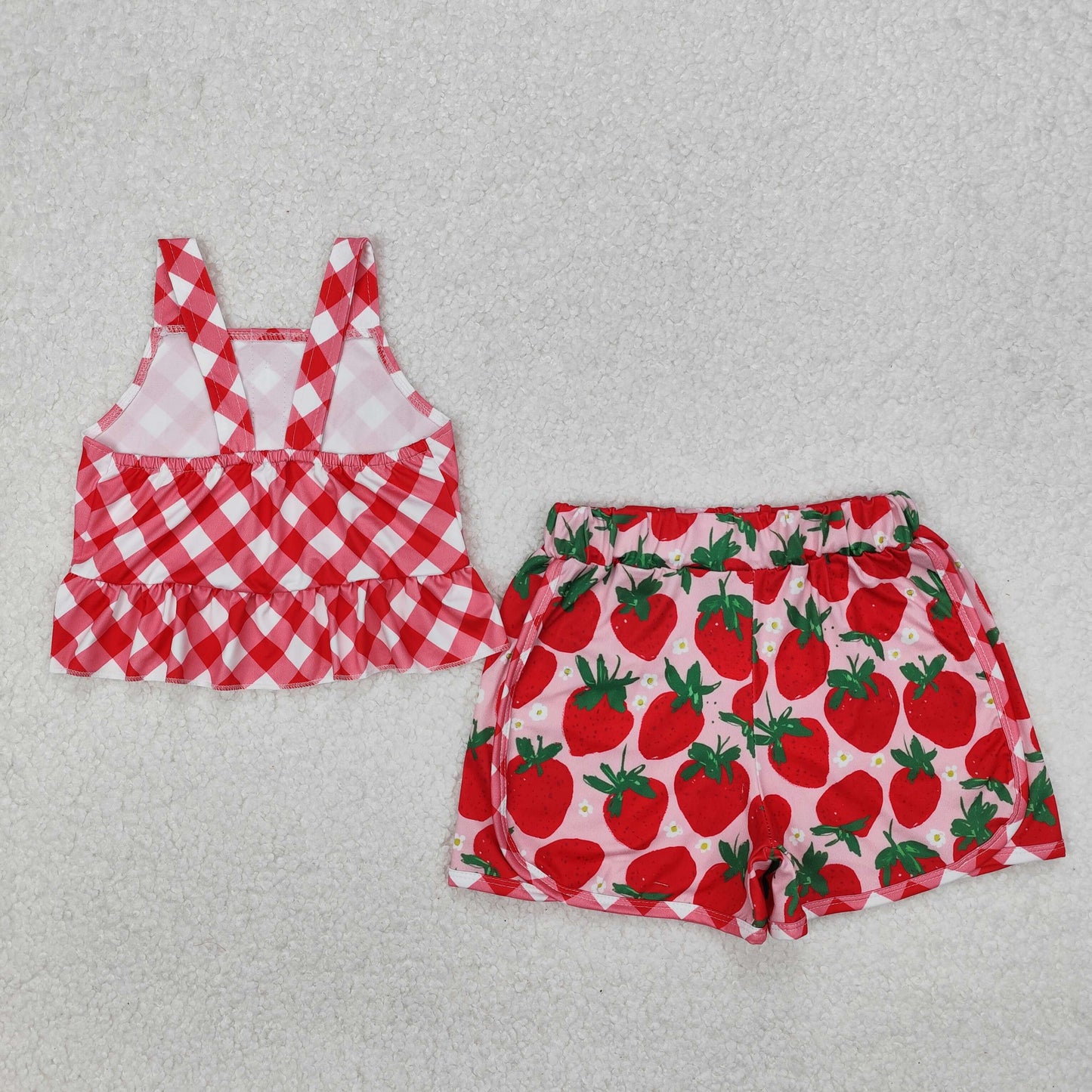 GSSO2037 Baby Girls Red Checkered Straps Top Strawberry Shorts Clothes Set