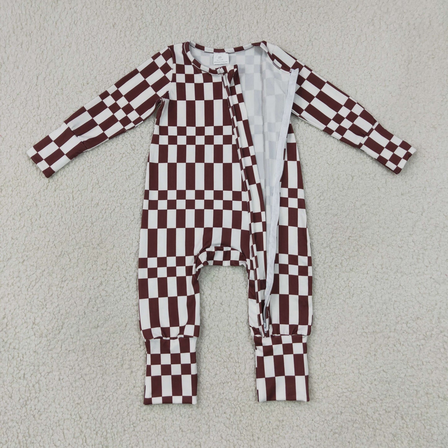 LR3114 Newborn Baby Boys Maroon Checked Fall Two Way Zip Convertible Rompers