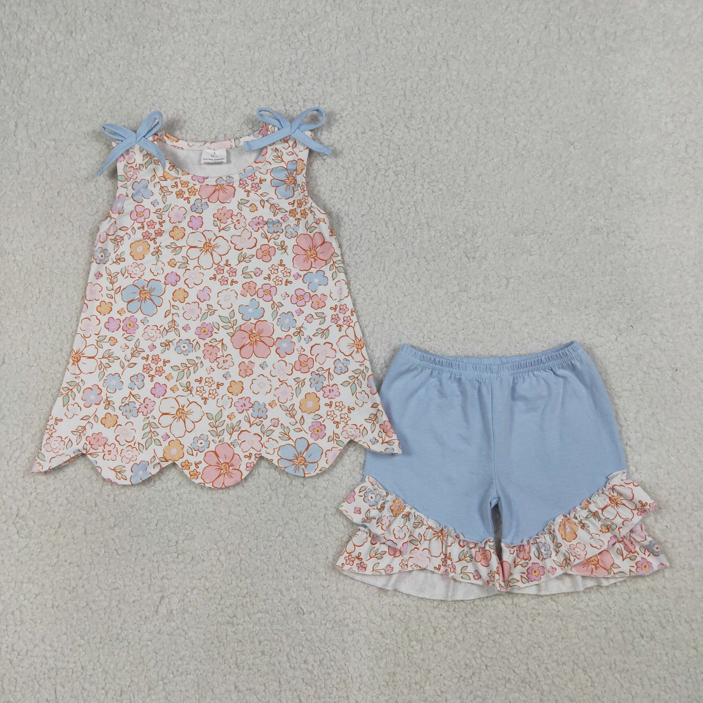 GSSO3393 Kids Baby Girls Sleeveless Colorful Flowers Scallop Tunic Ruffle Shorts Clothes Set