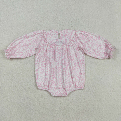 9.17 LR2184 Baby Infant Girls Smocked Embroidery Pink Long Ruffle Sleeves Floral Turkey Smocked Romper
