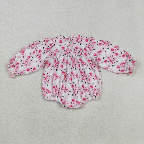 9.17 LR2216 Baby Girls Smocked Embroidery Long Sleeves Pink Bows Ghosts Candy Ruffle Romper